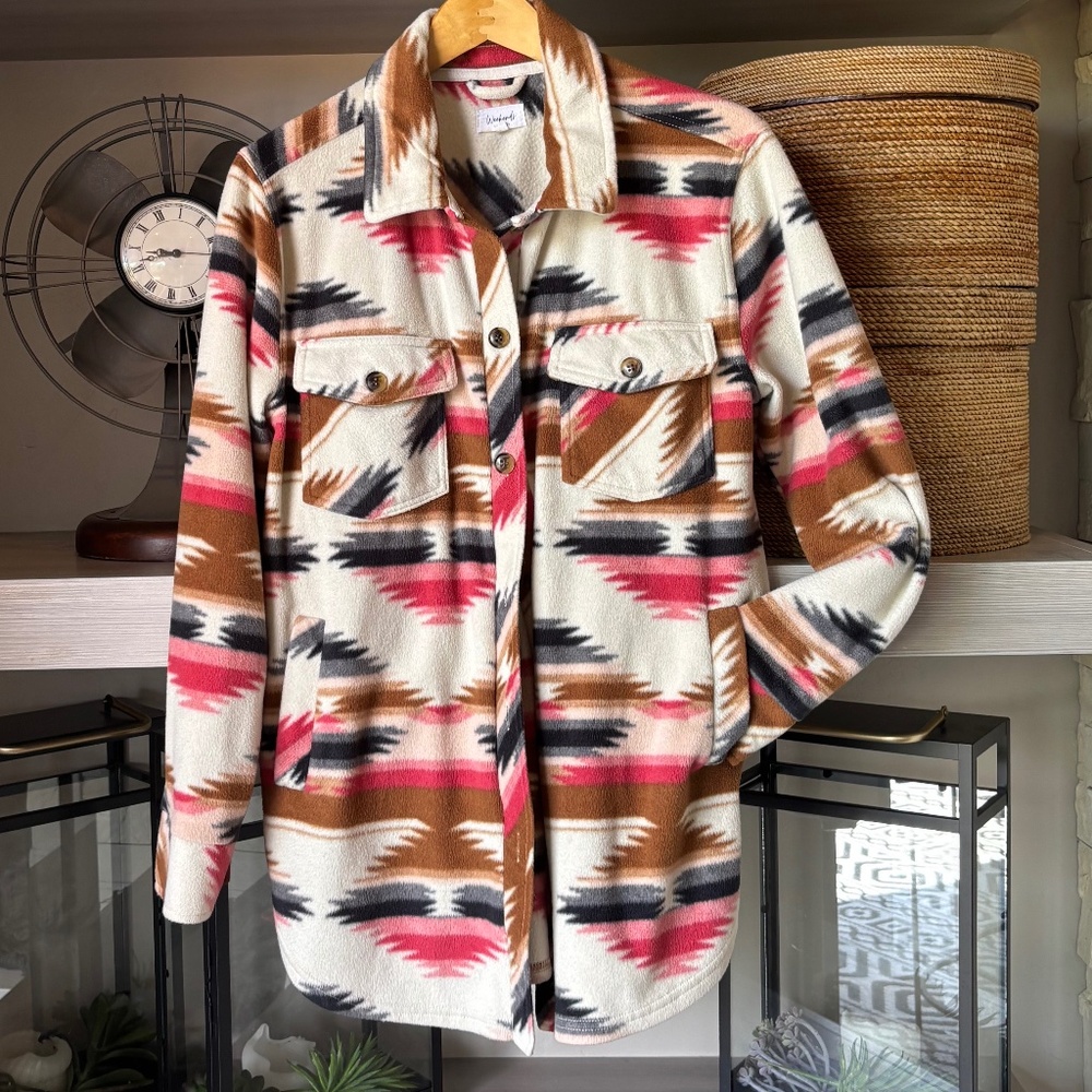 Flannel Aztec  Jacket  Front & Side Pockets (Cream Brown Coral  Gray)